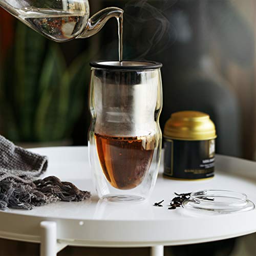 BTaT Double Wall Glass Tea Cups 16 oz (2 Pack) with Stainless Steel Infuser & Lid - Modern Borosilicate Tea Mug for Loose Leaf & Tea Bags