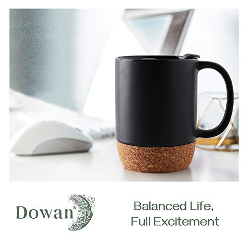 DOWAN Matte Grey 15 oz Coffee Mug Set of 2 with Cork Bottom & Spill-Proof Lid