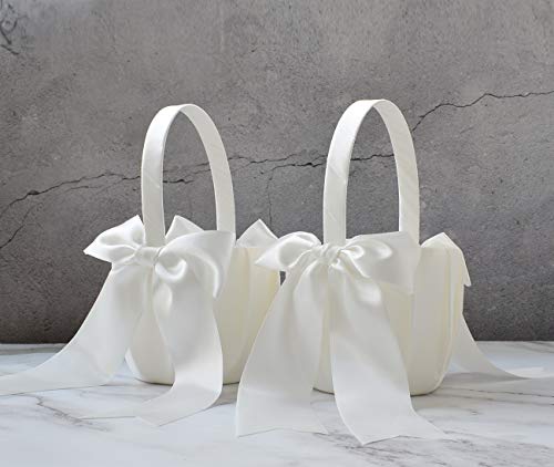 Ivory Satin Flower Girl Baskets - 2 Piece Wedding Ceremony Set with Bows