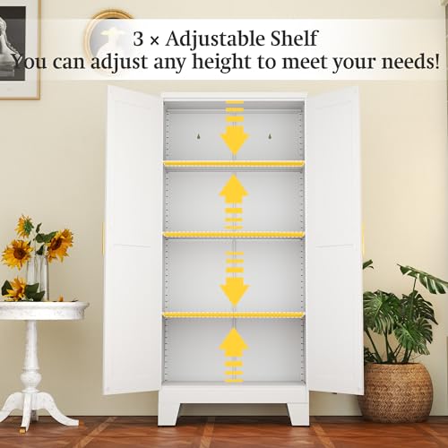 61-inch Metal Storage Cabinet with 3 Adjustable Shelves, White Steel Pantry
