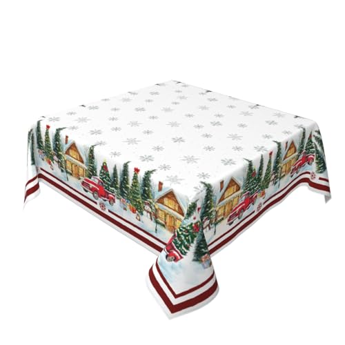 Barneova 54x54 Inch Water-Resistant Christmas Tablecloth with Cedar and Red Truck Design, Reusable Holiday Decor