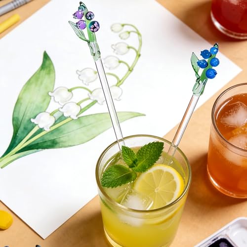 Homestia 2 Pack Glass Lily of the Valley Stirring Spoons, 7.1" Floral Cocktail & Tea Swizzle Sticks