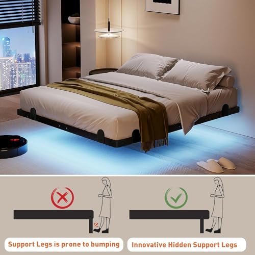 Queen Floating Bed Frame with LED Lights and Built-in Charging Station