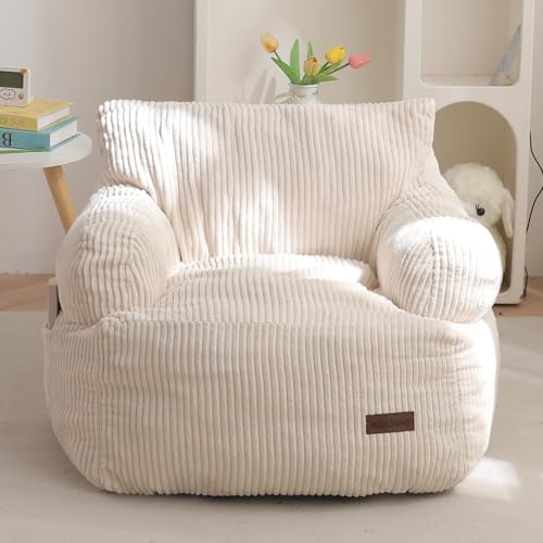 Kids Bean Bag Chair with Side Pocket - Beige Corded Foam Floor Sofa
