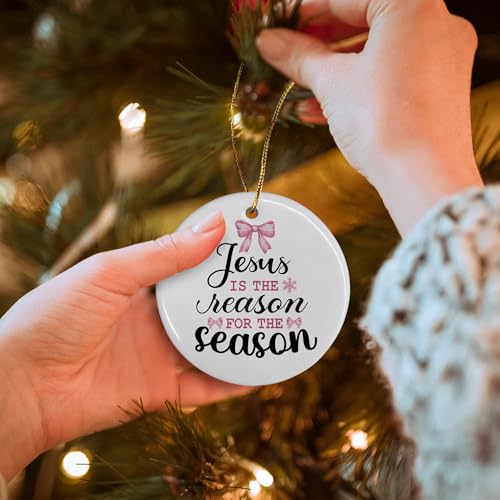 DIENADFX Jesus Ceramic Christmas Ornament Pink Bow Holiday Decor Religious Gift
