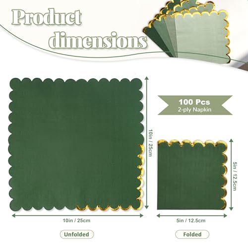 Mealivos 100 Pack Gold Green Disposable Cocktail Napkins 5x5 Inches 2-Ply Scalloped Edges for Weddings & Parties