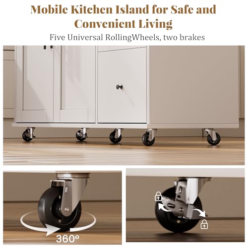 49.6-Inch Rolling Kitchen Island with Drop Leaf, Storage Cabinet, and Spice Rack