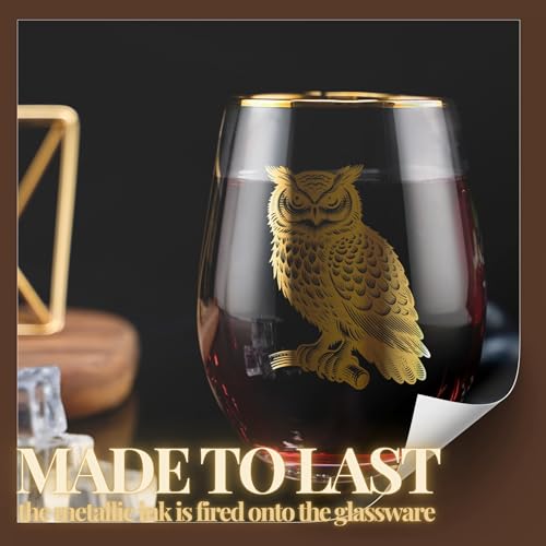 Onebttl 18oz Stemless Owl Wine Glass with Gold Details - Perfect Gift for Owl Lovers