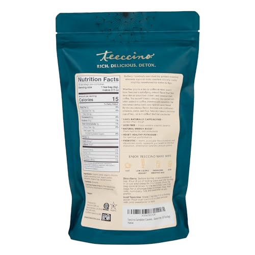 Teeccino Dandelion Caramel Nut Tea - Caffeine Free, Roasted Herbal Tea with Prebiotics, 3x More Herbs than Regular Tea Bags, Gluten Free - 50 Tagless Eco-Friendly Tea Bags