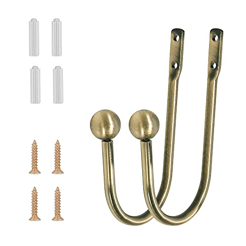 Heavy Duty Brass Metal Curtain Holdbacks, 2-Piece Wall Mounted Drapery Hooks