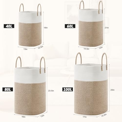 Woven Cotton Rope Laundry Hamper - 60L Large Storage Basket (Brown)