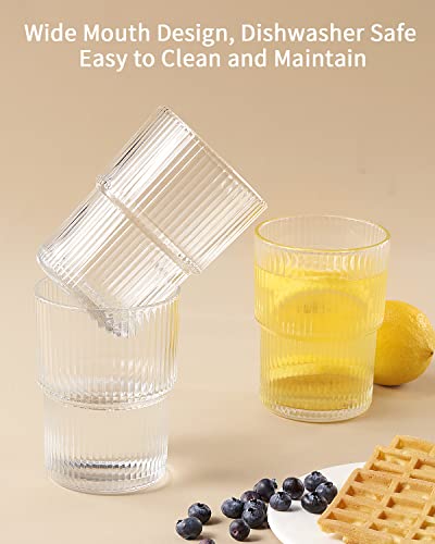 BJMEDYM 6-Pack Clear Ribbed Drinking Glasses 14oz Stackable Bar & Kitchenware