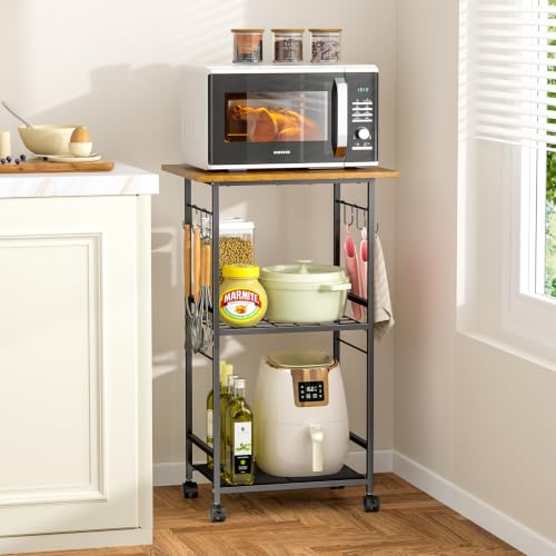 3-Tier Rolling Kitchen Microwave Cart with Adjustable Shelf & Hooks