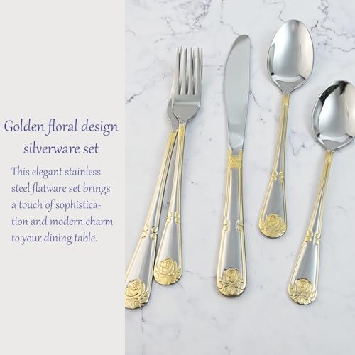 MUJINON 18/0 Stainless Steel Silverware Set for 4 with Gold Accents - 20 Piece Flatware for Formal Dining & Gift