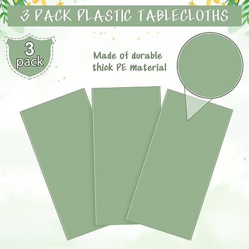 Sage Green Plastic Tablecloths - 3 Pack Disposable Rectangle Covers 54x108"