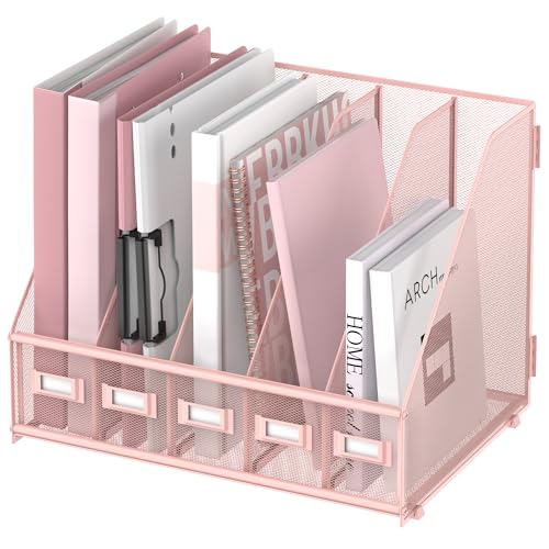 5-Compartment Metal Mesh Desk File Organizer for Magazines and Documents, Pink