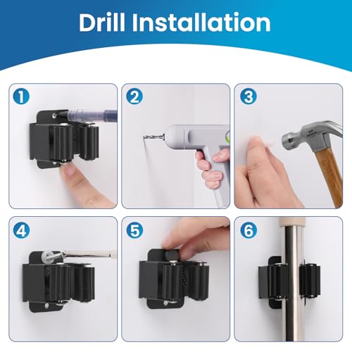 Stainless Steel Broom and Mop Holder Wall Mount 4-Pack Organizer Rack