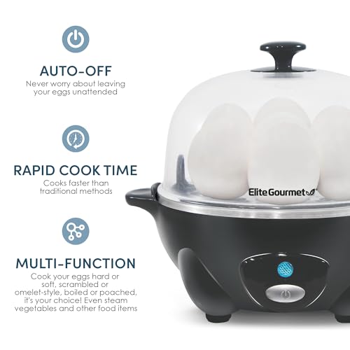 Elite Gourmet EGC710DKG Rapid Egg Cooker, 7 Easy-To-Peel, Hard, Medium, Soft Boiled Eggs, Poacher, Omelet Maker, Auto Shut-Off, Alarm, 16-Recipe Booklet, BPA-Free, Ash