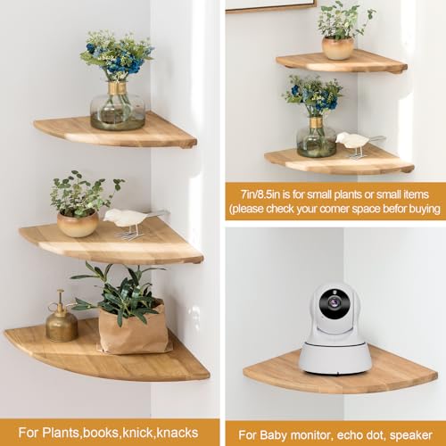 Set of 2 Solid Oak Wood Floating Corner Shelves, 7-Inch Wall Mount Shelf
