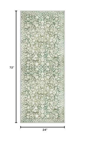 Washable Vintage Floral Runner Rug 2x6 Non-Slip Sage Green Beige