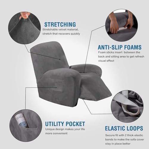 Luxury Velvet Recliner Chair Cover, Anti-Slip & Machine Washable - Grey, Large