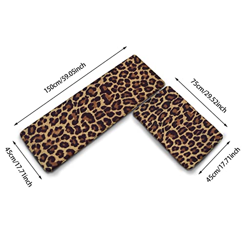 Leopard Print Kitchen Rug Set, 2-Piece Non-Slip Washable Flannel Floor Mats