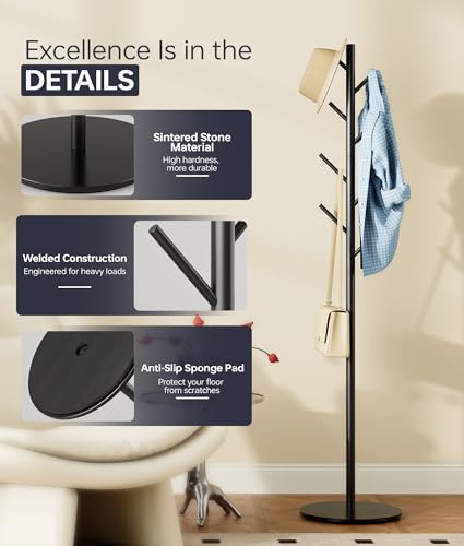 Freestanding Metal Coat Rack with Sintered Stone Base and 8 Hooks