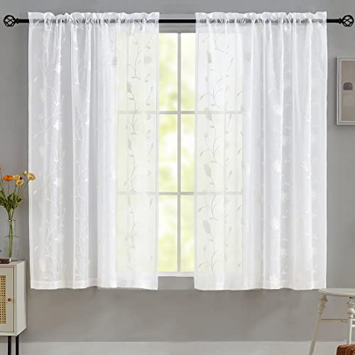 Sheer Embroidered Curtains 52"x72" Rod Pocket Drapes - Set of 2