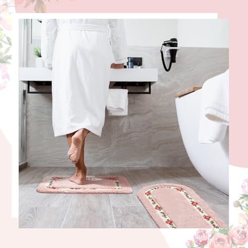 2-Piece Pink Rose Flower Bathroom Rug Set, Non-Slip Absorbent Floral Mats
