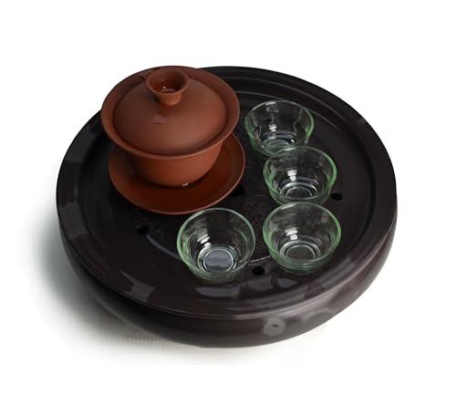 YXHUPOT 10-Inch Dragon Pattern Clay Tea Tray Saucer Mat for Gongfu Tea, Black Glaze, 2L Capacity (L Dragon)
