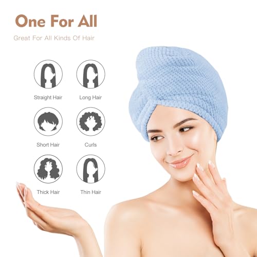 OEAGO Microfiber Hair Towel for Women Teen Girls - Fast Dry, Gentle, Lightweight - Blue, Grey, Pink