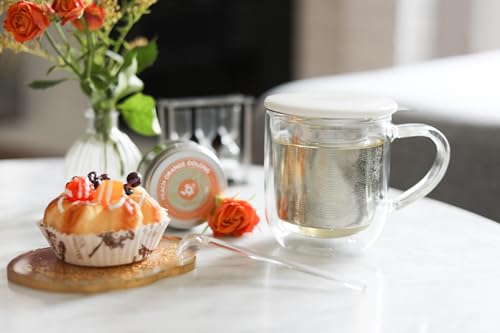Teabloom Snow White Tea-For-One Steeping Mug, 12 oz Insulated Glass with Stainless Steel Infuser & Porcelain Lid
