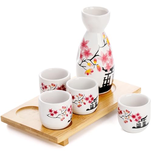 Tosnail 5-Inch Pink Blossom Ceramic Sake Set with Carafe, 4 Cups & Bamboo Tray - Unique Variation
