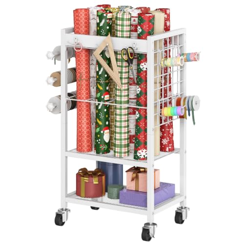 Rolling Wrapping Paper Storage Cart with Wheels and Ribbon Holder