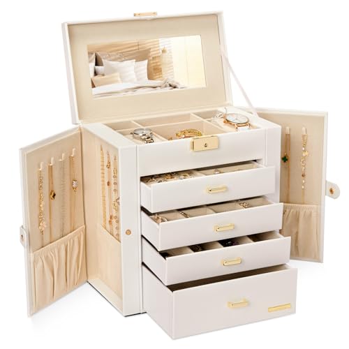 Large Jewelry Box Organizer with Lock - 5-Layer Storage for Necklaces, Earrings, Rings & Watches