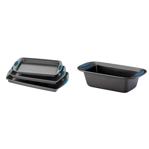 Rachael Ray Bakeware Nonstick Cookie Pan Set, 3-Piece, Gray with Marine Blue Grips & Yum-o! Bakeware Oven Lovin' Nonstick Loaf Pan, 9-Inch by 5-Inch Steel Pan, Gray with Marine Blue Handles