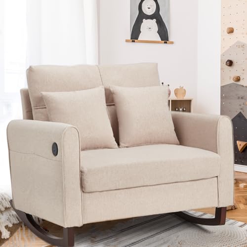 Oversized Upholstered Rocking Chair with USB Port and Side Pockets, Beige