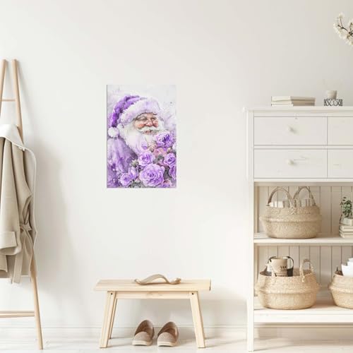 Christmas Canvas Wall Art Santa Claus and Rose Print - Purple, 16x24 Inches Framed Holiday Decor