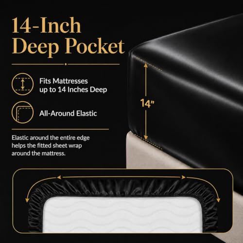 CozyLux Queen Satin Sheet Set - 4-Piece 14" Deep Pocket Silky Bed Sheets (Black)