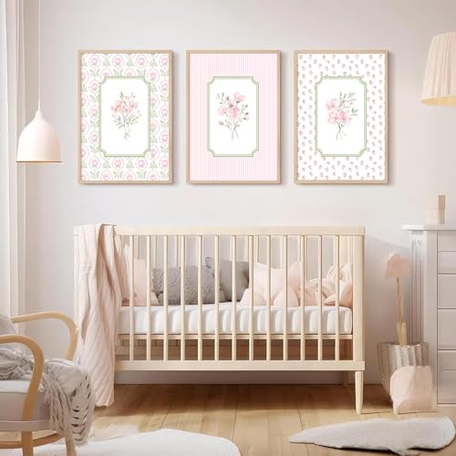 Pink Floral Canvas Wall Art Nursery Botanical Prints 3-Piece Set 12x16 Inch