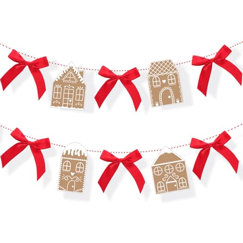XunYee 5.9ft Christmas Gingerbread House Garland with Red Bows, Reusable Holiday Decor