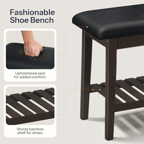 2-Tier Bamboo Dining Bench with PU Leather Seat, 39-Inch Entryway Bench