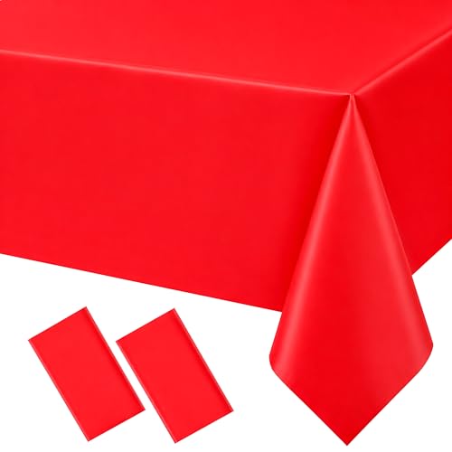 Red Disposable Tablecloths 54 x 108 in, 2 Pack Plastic Rectangular Covers for Parties