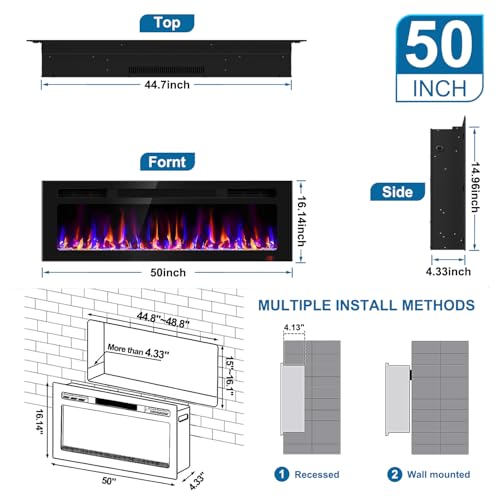 50-Inch Electric Fireplace Recessed Wall Mounted Heater with Remote