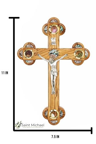 11 Inch Olive Wood Cross Wall Hanging from Bethlehem with Mother of Pearl & Jerusalem Stones - Christian Religious Decor Gift for Easter & Christmas