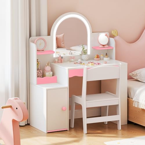 Kids Vanity Table and Chair Set with LED Mirror and Storage, Pink and White