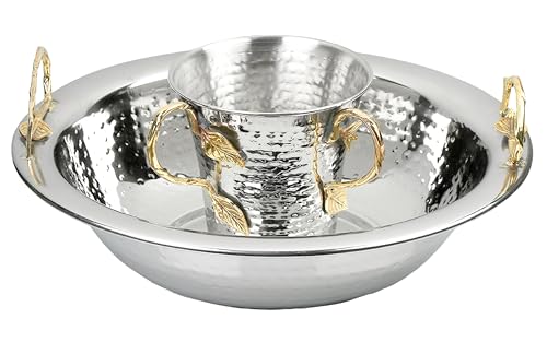 Large Stainless Steel Netilat Yadayim Washing Cup and Bowl Set - Gold Leaf