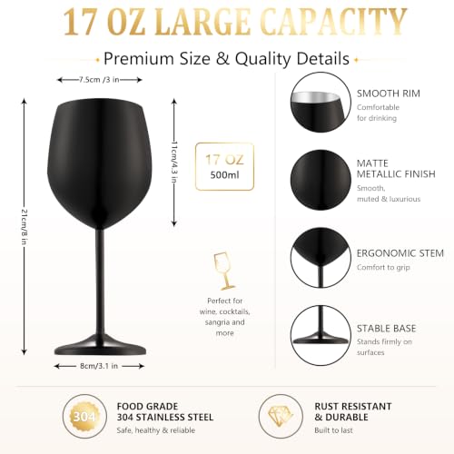 Matte Black Unbreakable Stainless Steel Wine Glasses Set of 4 - Shatterproof & Elegant