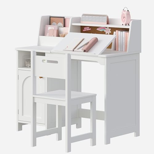 Kids Study Desk and Chair Set with Tiltable Desktop and Storage Hutch