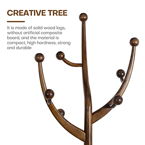 Solid Wood Freestanding Coat Rack, 8-Hook Tree Branch Design, Walnut Brown